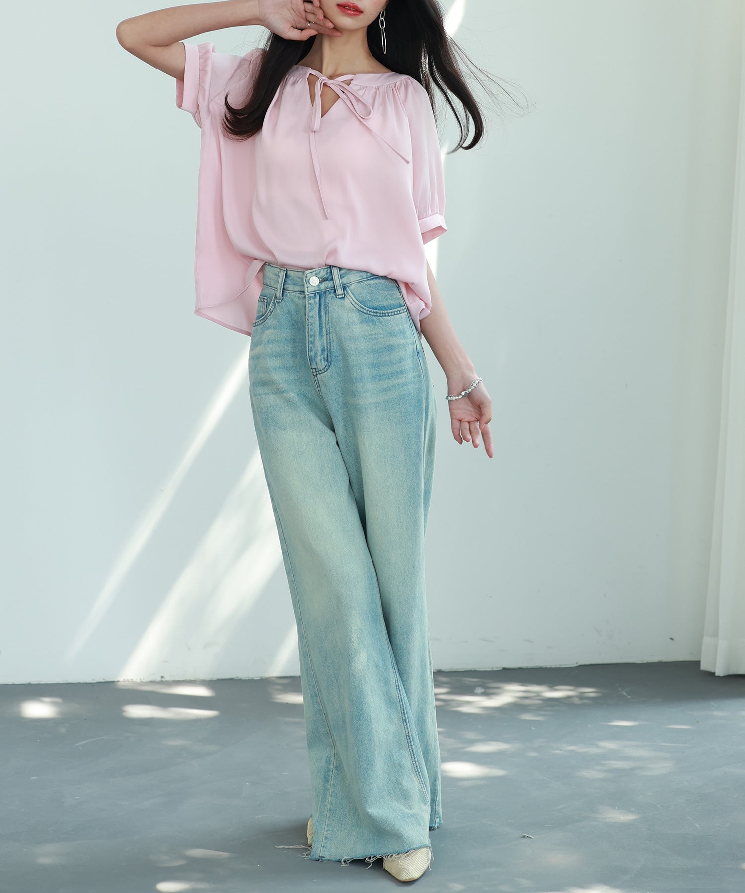 リボン襟ラグランスリーブ半袖ブラウスsdphxz1044 ピンク