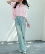 リボン襟ラグランスリーブ半袖ブラウスsdphxz1044 ピンク