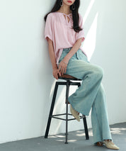 リボン襟ラグランスリーブ半袖ブラウスsdphxz1044 ピンク