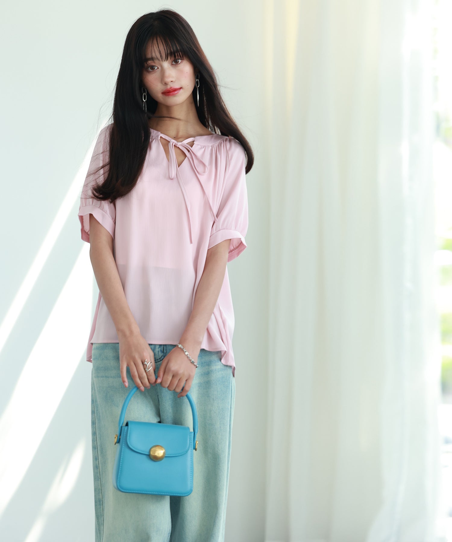 リボン襟ラグランスリーブ半袖ブラウスsdphxz1044 ピンク