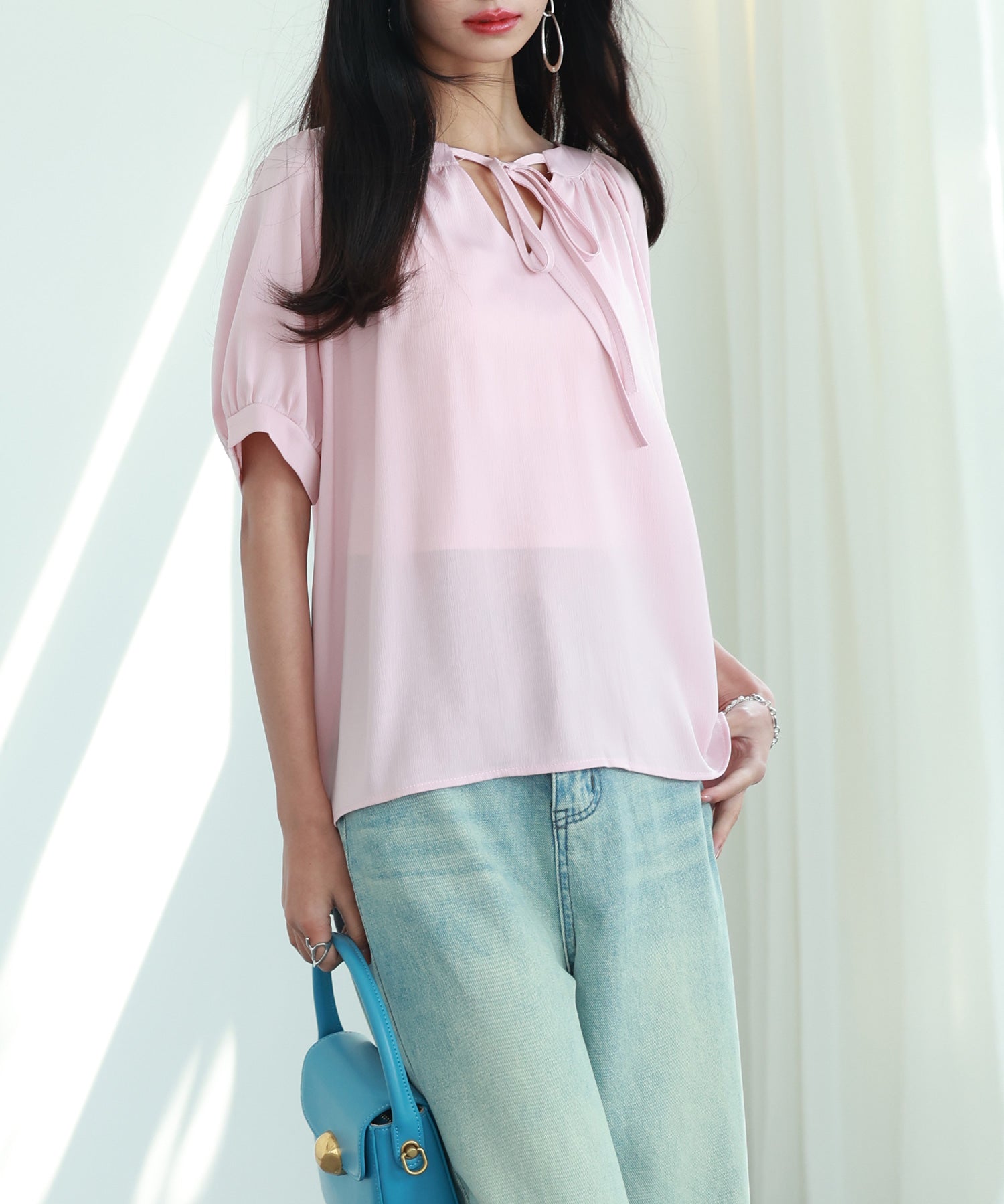 リボン襟ラグランスリーブ半袖ブラウスsdphxz1044 ピンク