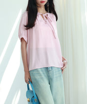 リボン襟ラグランスリーブ半袖ブラウスsdphxz1044 ピンク