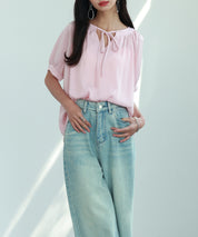 リボン襟ラグランスリーブ半袖ブラウスsdphxz1044 ピンク