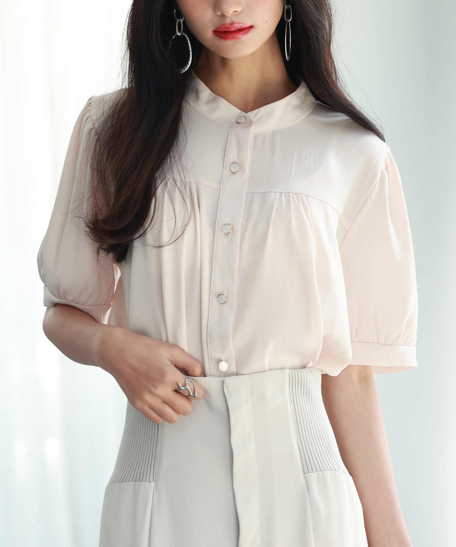 ギャザースリーブスタンドカラー半袖シャツsdphxz1048-102-14