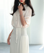 ギャザースリーブスタンドカラー半袖シャツsdphxz1048 ベージュ