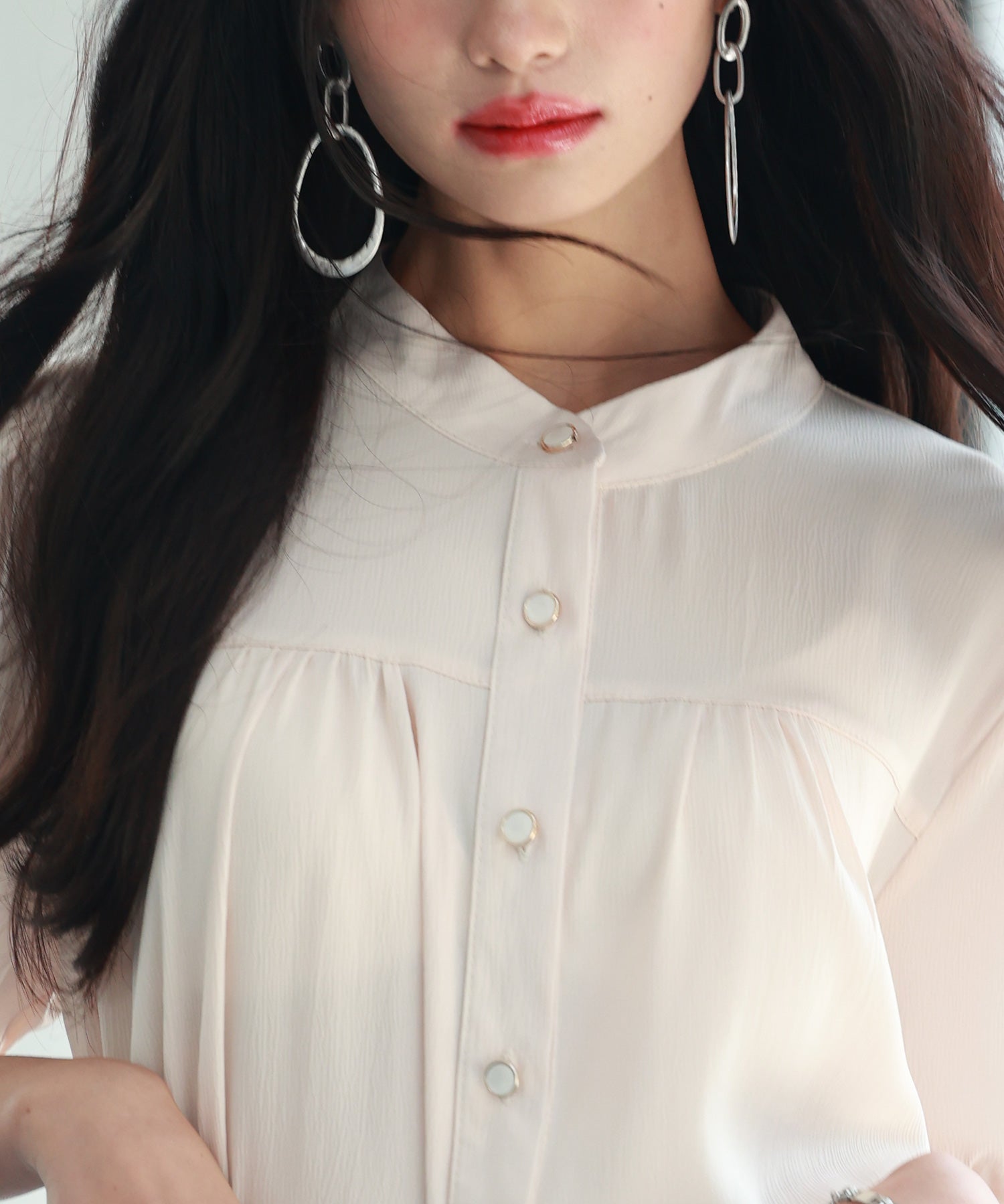 ギャザースリーブスタンドカラー半袖シャツsdphxz1048 ベージュ