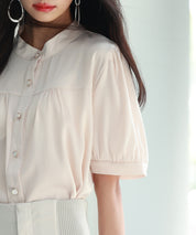 ギャザースリーブスタンドカラー半袖シャツsdphxz1048 ベージュ