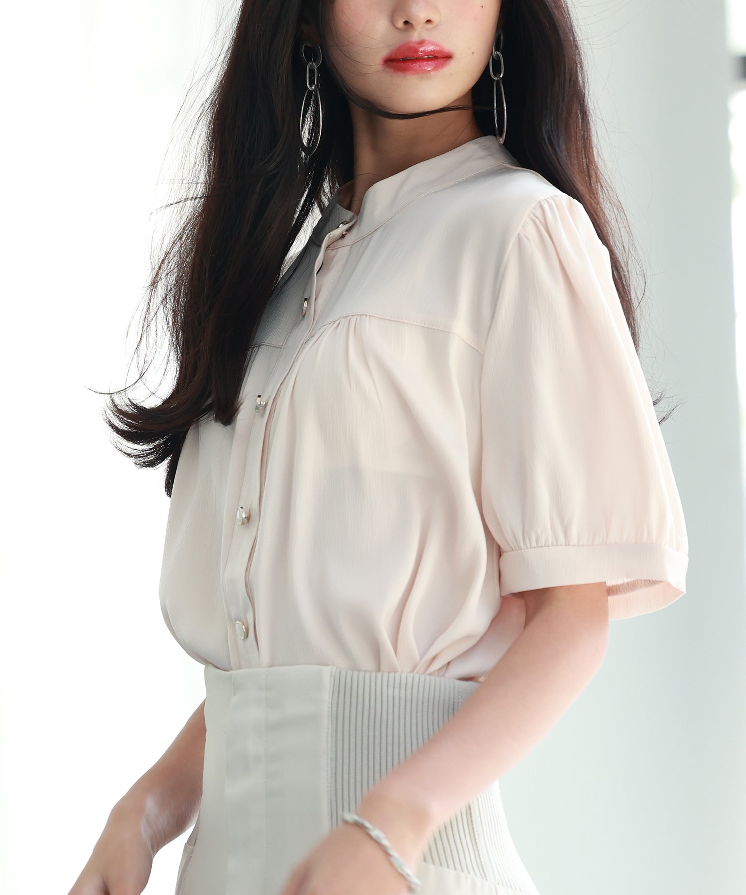 ギャザースリーブスタンドカラー半袖シャツsdphxz1048 ベージュ