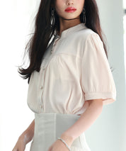 ギャザースリーブスタンドカラー半袖シャツsdphxz1048 ベージュ