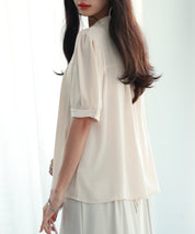 ギャザースリーブスタンドカラー半袖シャツsdphxz1048 ベージュ