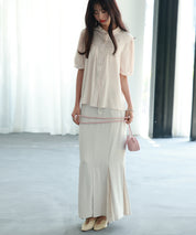 ギャザースリーブスタンドカラー半袖シャツsdphxz1048 ベージュ