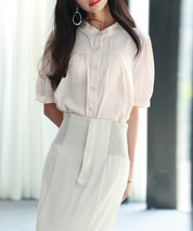 ギャザースリーブスタンドカラー半袖シャツsdphxz1048 ベージュ