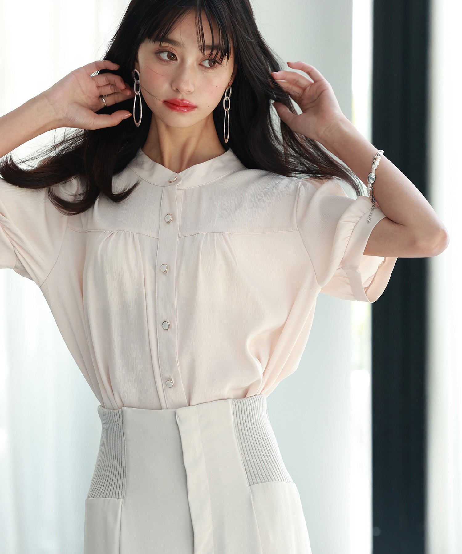 ギャザースリーブスタンドカラー半袖シャツsdphxz1048 ベージュ