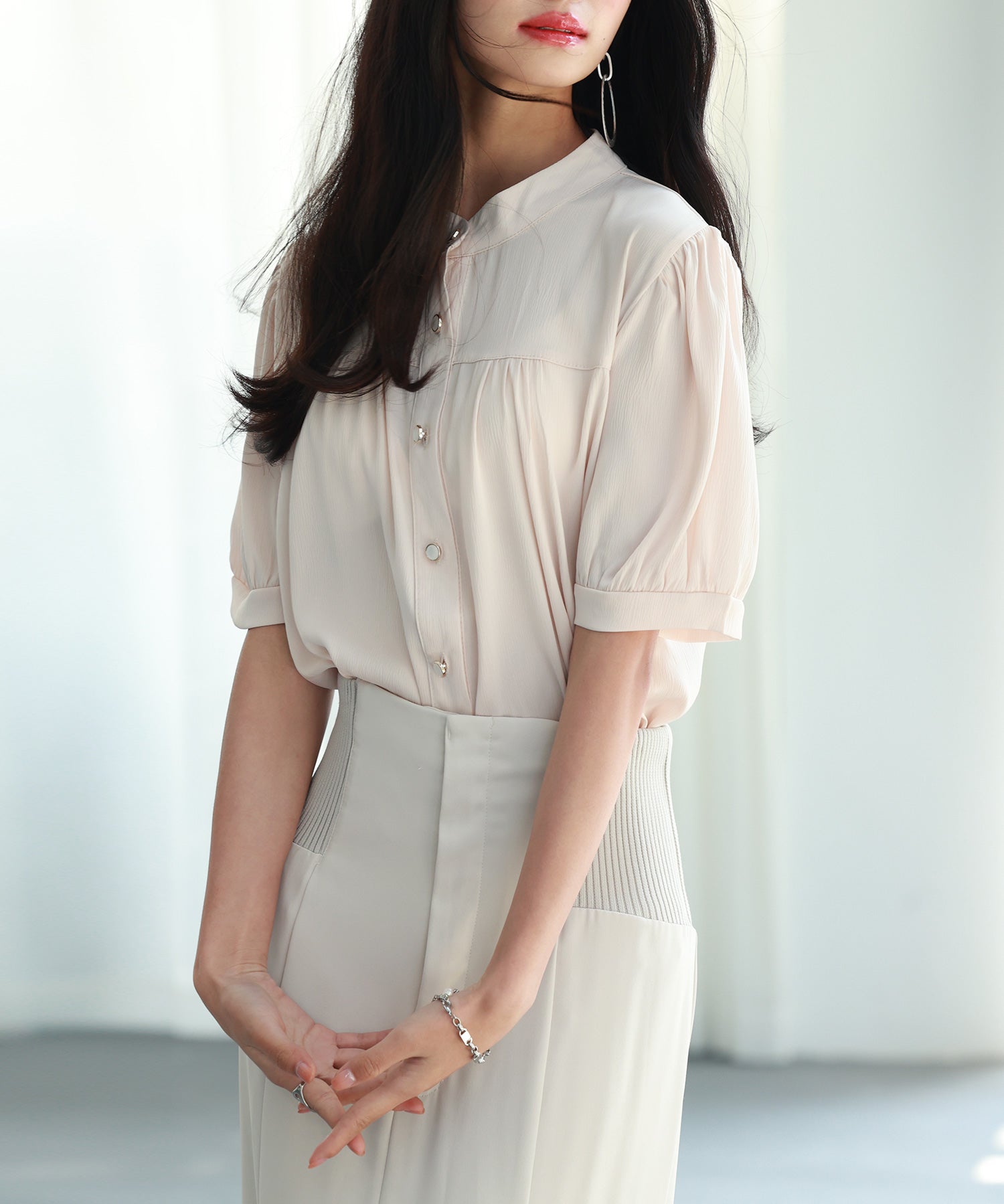 ギャザースリーブスタンドカラー半袖シャツsdphxz1048 ベージュ