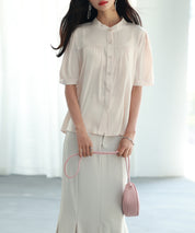 ギャザースリーブスタンドカラー半袖シャツsdphxz1048 ベージュ