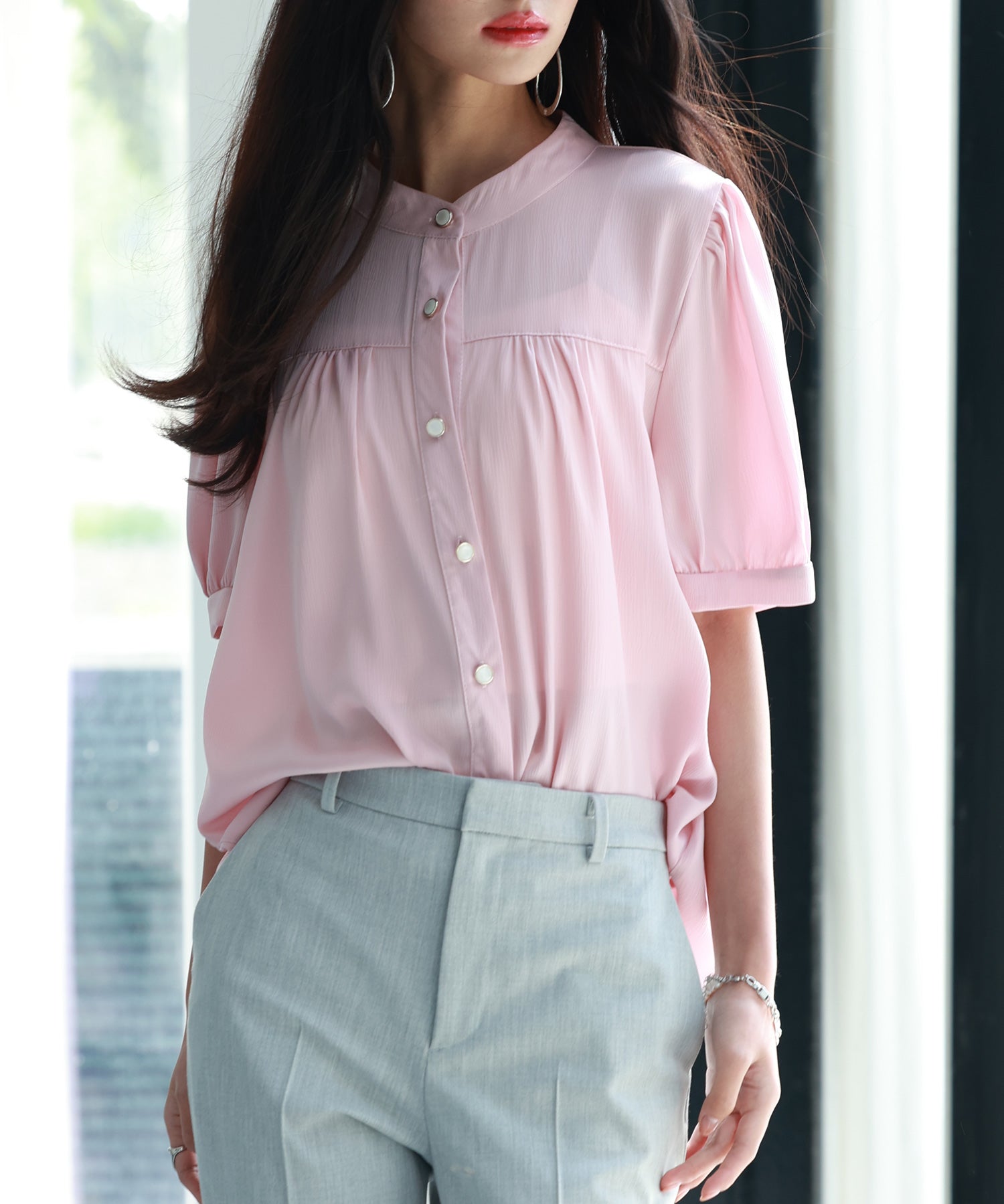 ギャザースリーブスタンドカラー半袖シャツsdphxz1048-102-26