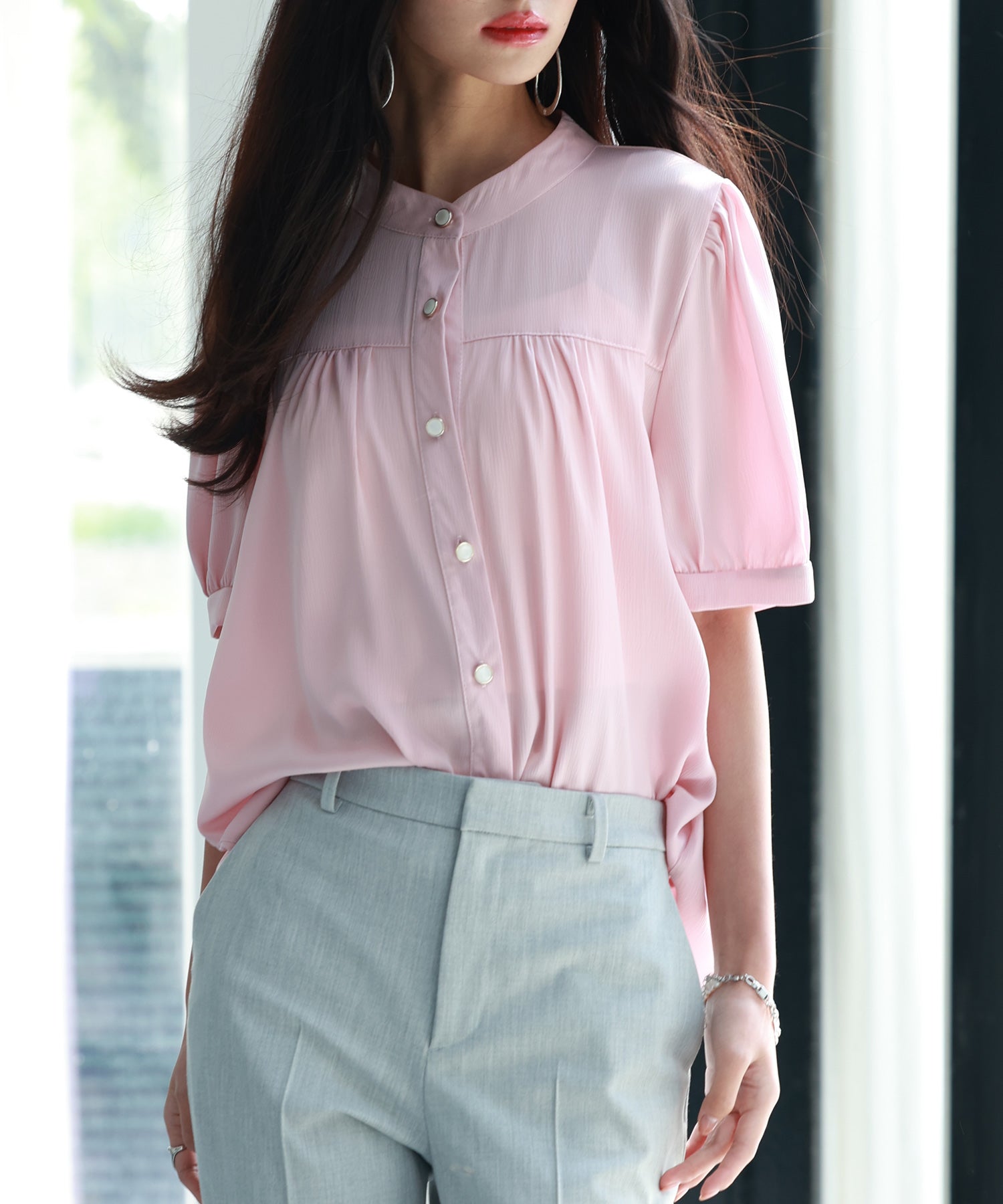 ギャザースリーブスタンドカラー半袖シャツsdphxz1048-102-26