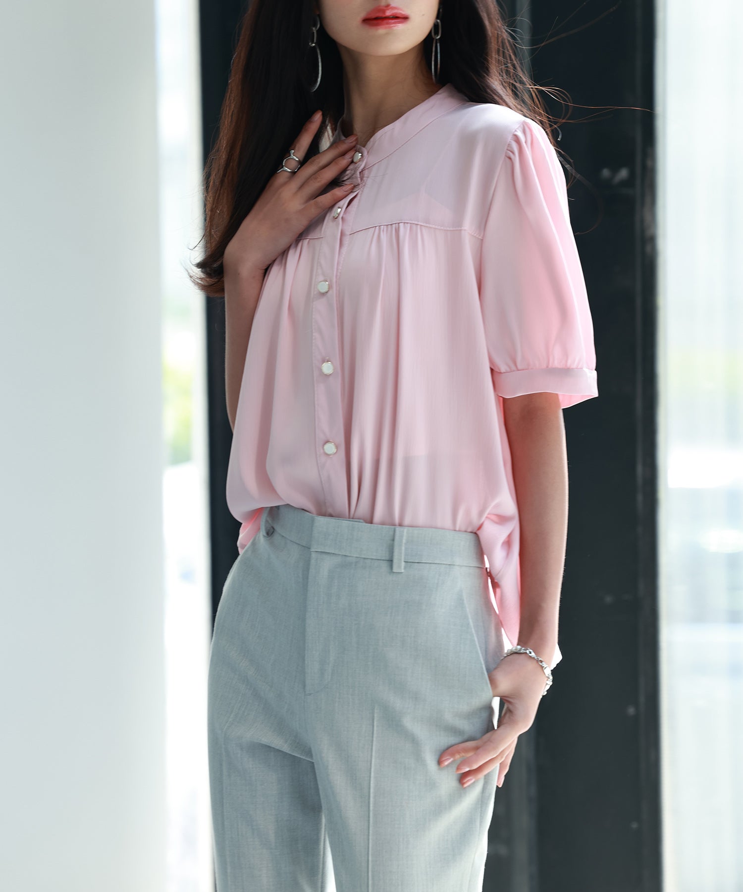 ギャザースリーブスタンドカラー半袖シャツsdphxz1048 ピンク