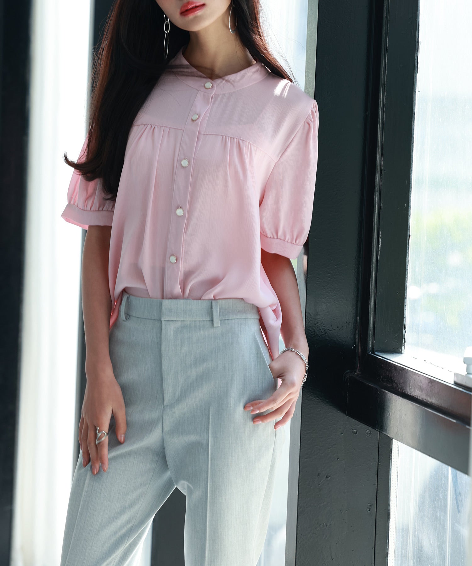 ギャザースリーブスタンドカラー半袖シャツsdphxz1048 ピンク