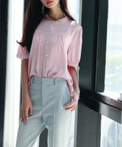 ギャザースリーブスタンドカラー半袖シャツsdphxz1048 ピンク