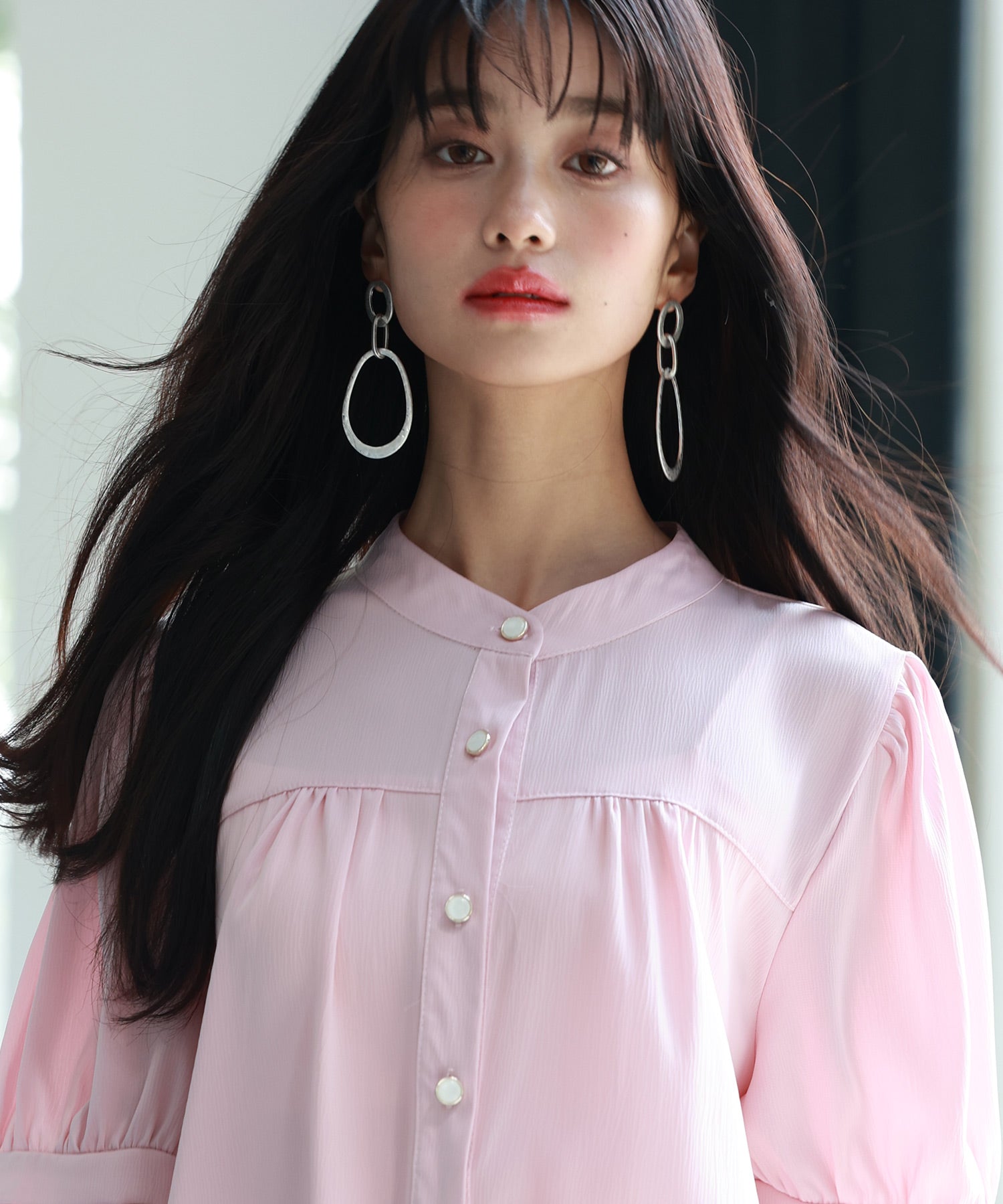 ギャザースリーブスタンドカラー半袖シャツsdphxz1048 ピンク