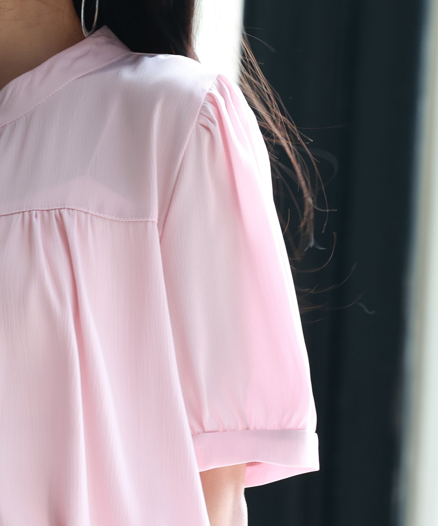 ギャザースリーブスタンドカラー半袖シャツsdphxz1048 ピンク