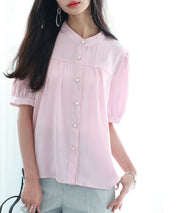 ギャザースリーブスタンドカラー半袖シャツsdphxz1048 ピンク