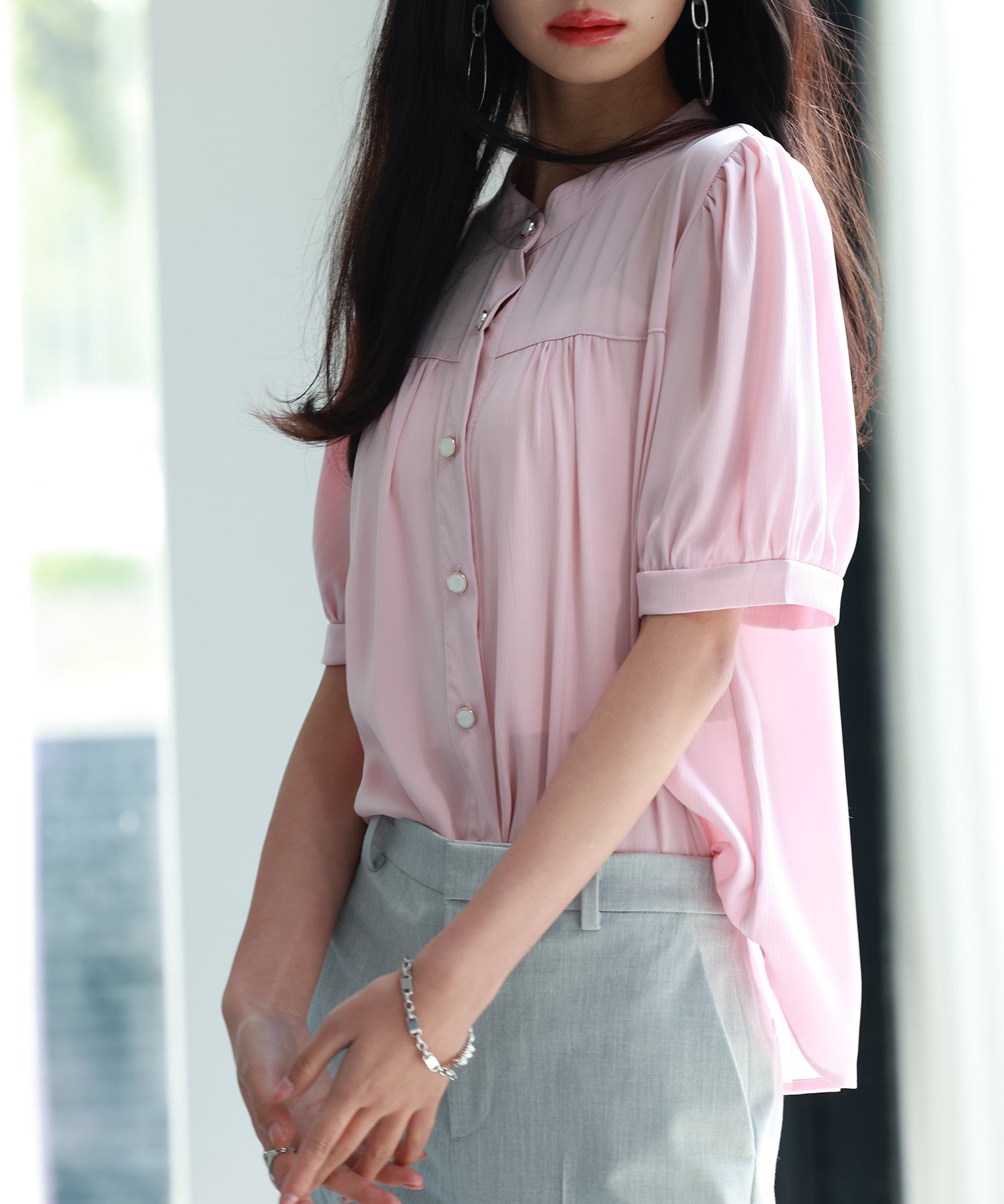 ギャザースリーブスタンドカラー半袖シャツsdphxz1048 ピンク