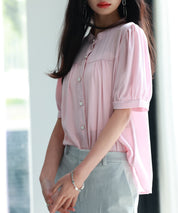 ギャザースリーブスタンドカラー半袖シャツsdphxz1048 ピンク