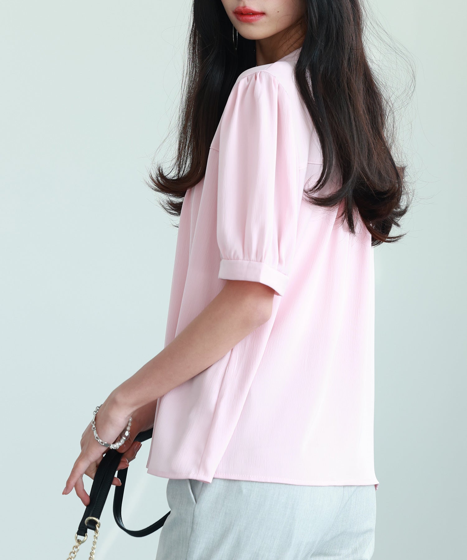 ギャザースリーブスタンドカラー半袖シャツsdphxz1048 ピンク