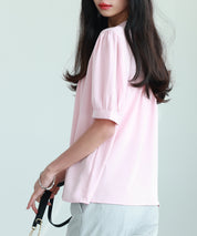 ギャザースリーブスタンドカラー半袖シャツsdphxz1048 ピンク