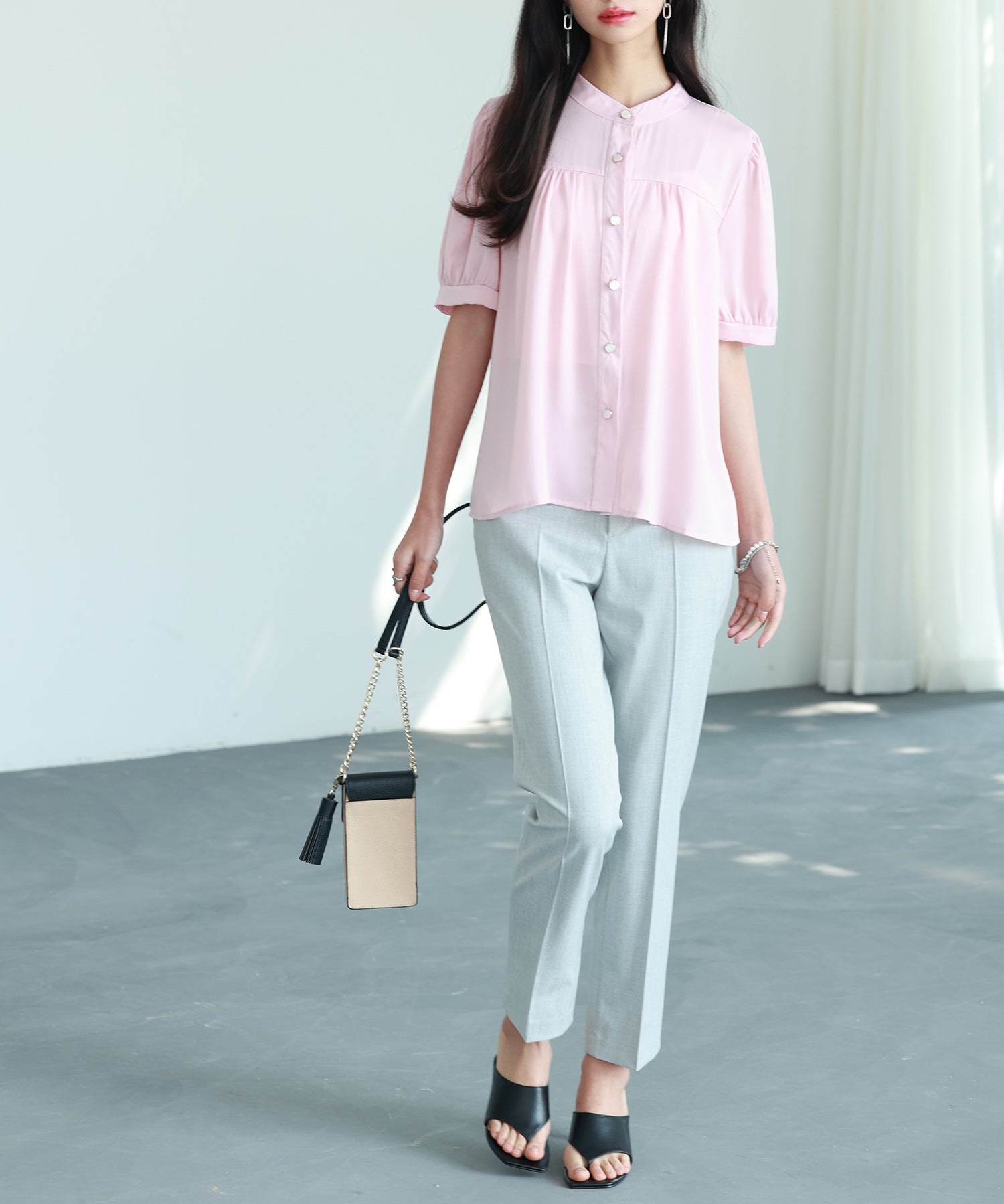 ギャザースリーブスタンドカラー半袖シャツsdphxz1048 ピンク