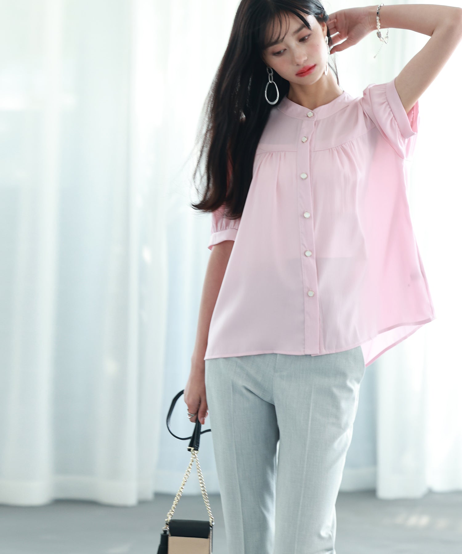 ギャザースリーブスタンドカラー半袖シャツsdphxz1048 ピンク