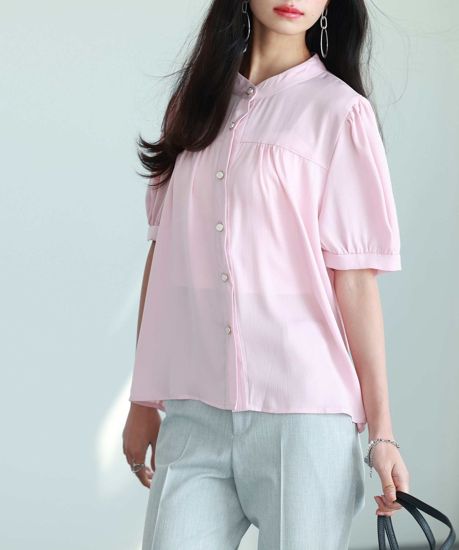 ギャザースリーブスタンドカラー半袖シャツsdphxz1048 ピンク