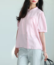 ギャザースリーブスタンドカラー半袖シャツsdphxz1048 ピンク
