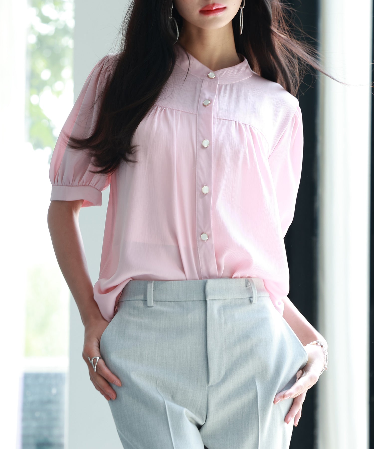 ギャザースリーブスタンドカラー半袖シャツsdphxz1048 ピンク