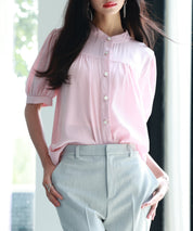 ギャザースリーブスタンドカラー半袖シャツsdphxz1048 ピンク