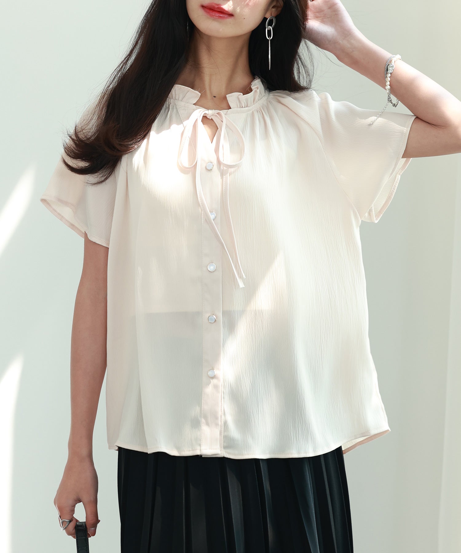 リボンフリルカラー半袖シャツトップスsdphxz1050-102-14