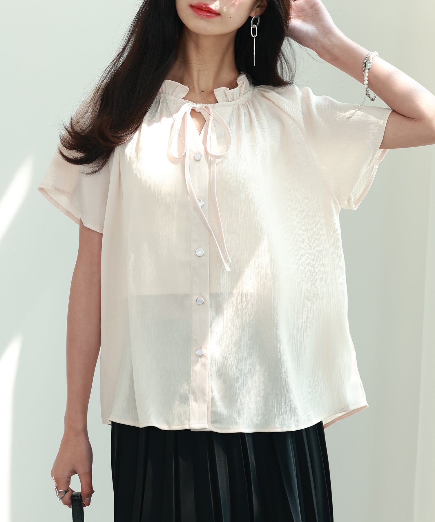 リボンフリルカラー半袖シャツトップスsdphxz1050-102-14