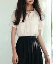 リボンフリルカラー半袖シャツトップスsdphxz1050 ベージュ