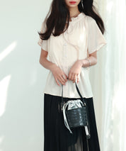 リボンフリルカラー半袖シャツトップスsdphxz1050 ベージュ