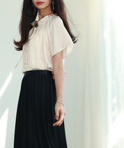 リボンフリルカラー半袖シャツトップスsdphxz1050 ベージュ