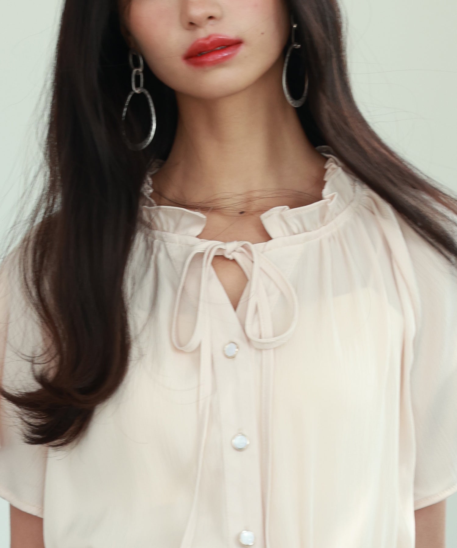 リボンフリルカラー半袖シャツトップスsdphxz1050 ベージュ