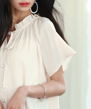 リボンフリルカラー半袖シャツトップスsdphxz1050 ベージュ