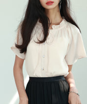 リボンフリルカラー半袖シャツトップスsdphxz1050 ベージュ