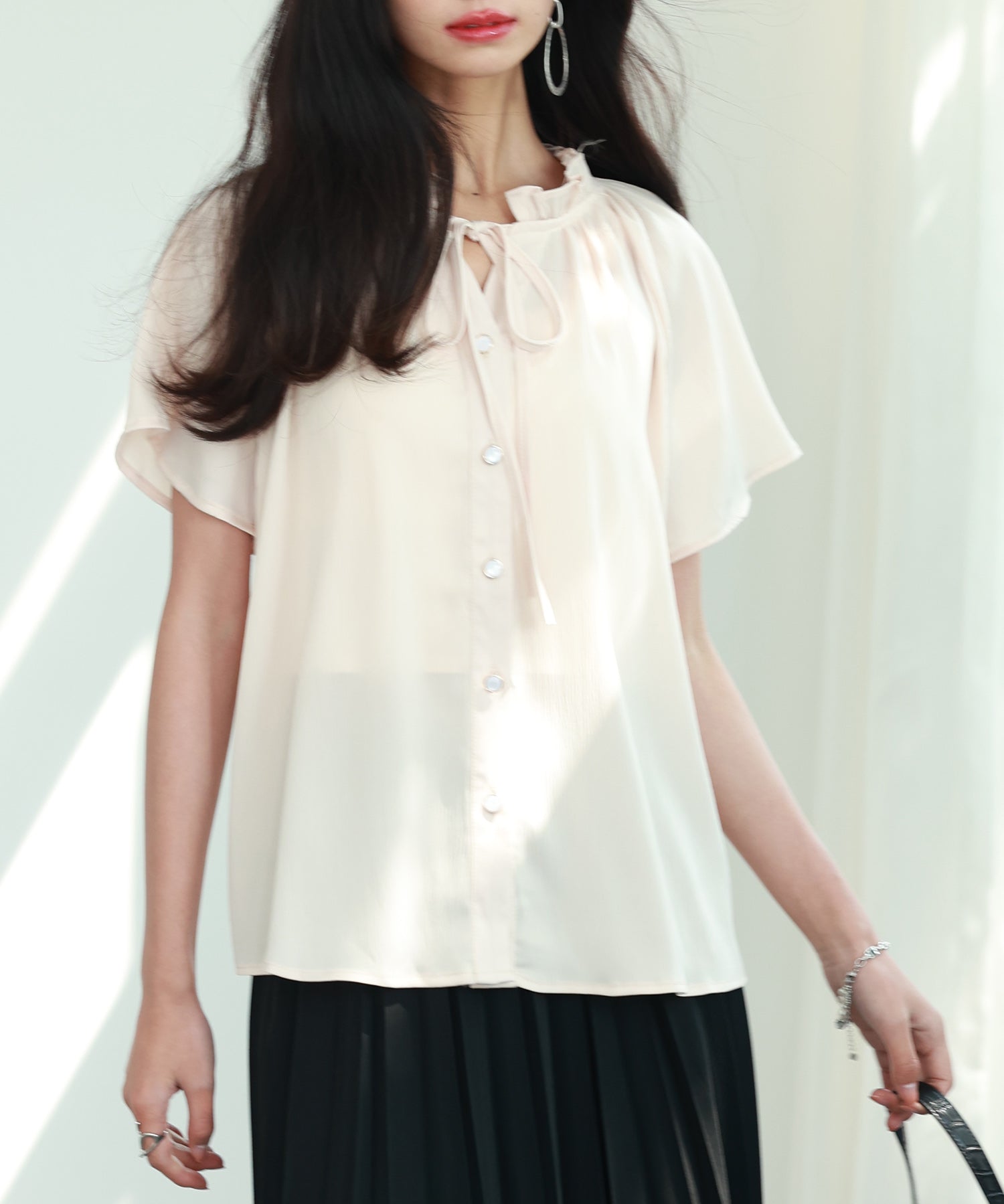 リボンフリルカラー半袖シャツトップスsdphxz1050 ベージュ