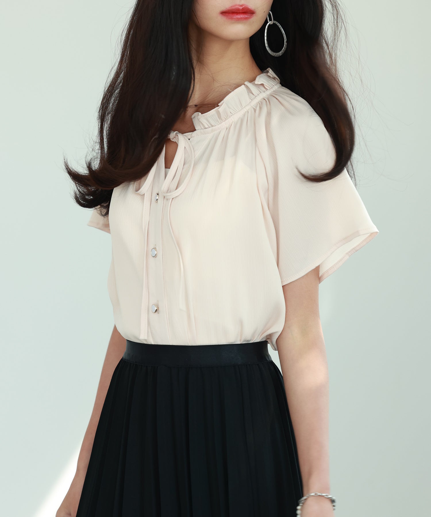 リボンフリルカラー半袖シャツトップスsdphxz1050 ベージュ