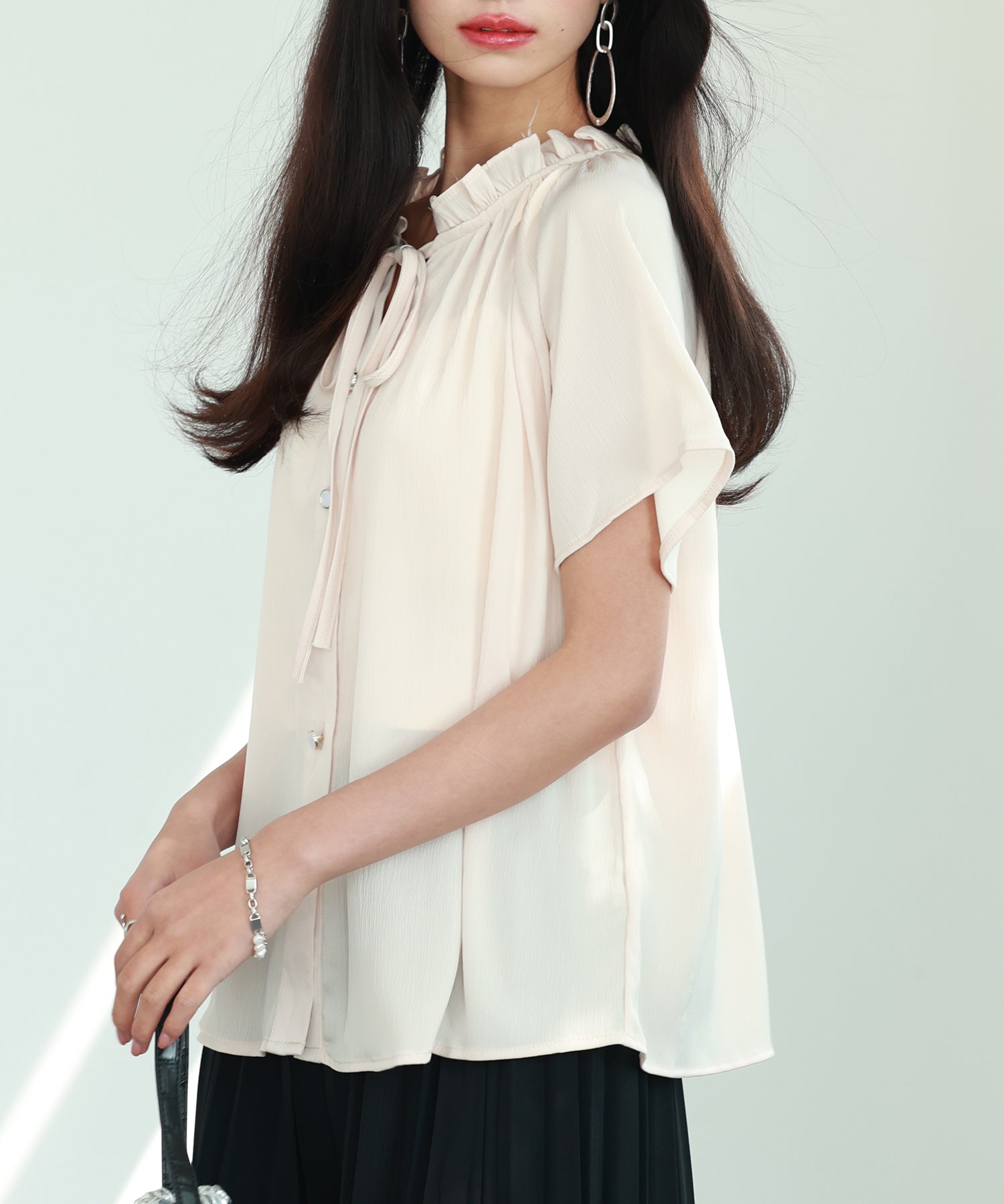 リボンフリルカラー半袖シャツトップスsdphxz1050 ベージュ