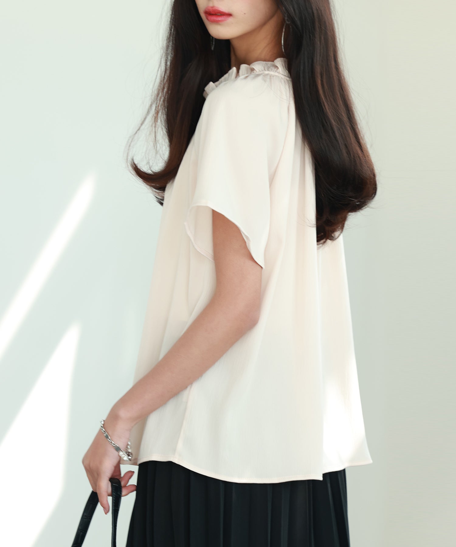 リボンフリルカラー半袖シャツトップスsdphxz1050 ベージュ