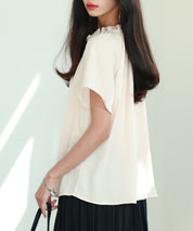 リボンフリルカラー半袖シャツトップスsdphxz1050 ベージュ